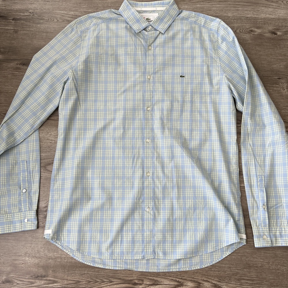 Lacoste Regular Fit Plaid Button Down Shirt Mens 40/M Blue Yellow Cotton Poplin